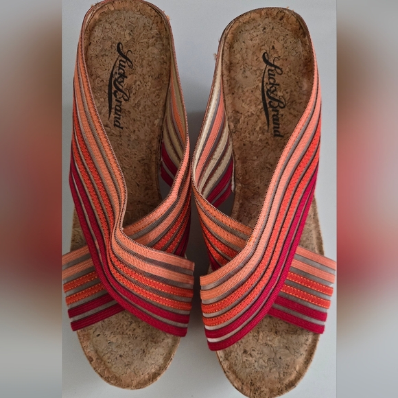 Lucky Brand Cork Wedge Sandals Strappy Boho Slides Size 7.5 8 Multicolor Orange - Picture 2 of 8